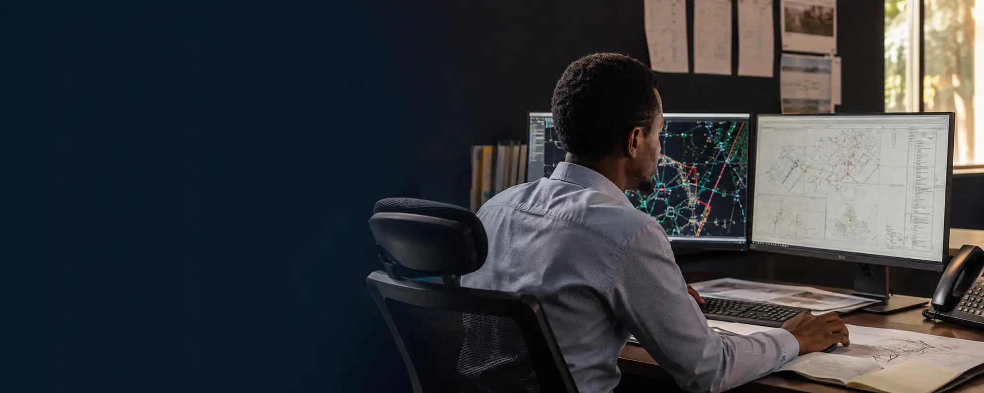 Representative engineering workspace with an OSP designer reviewing fiber routes and CAD drawings on dual monitors